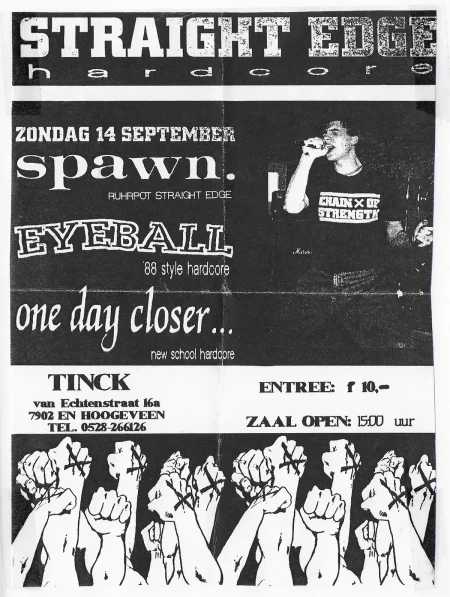 Concertflyer van Tinck, Spawn, Eyeball en One Day Closer in Hoogeveen op 14 september 1997