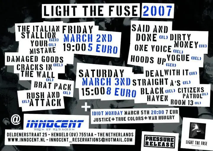 Concert flyer for Light The Fuse 2007 at Inncent in Hengelo on 2 and 3 March 2007