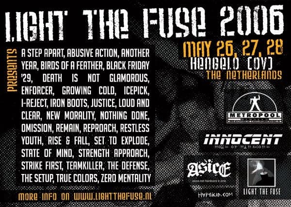 Concert flyer for Light The Fuse 2006 at Inncent in Hengelo on 26, 27 and 28 May 2006
