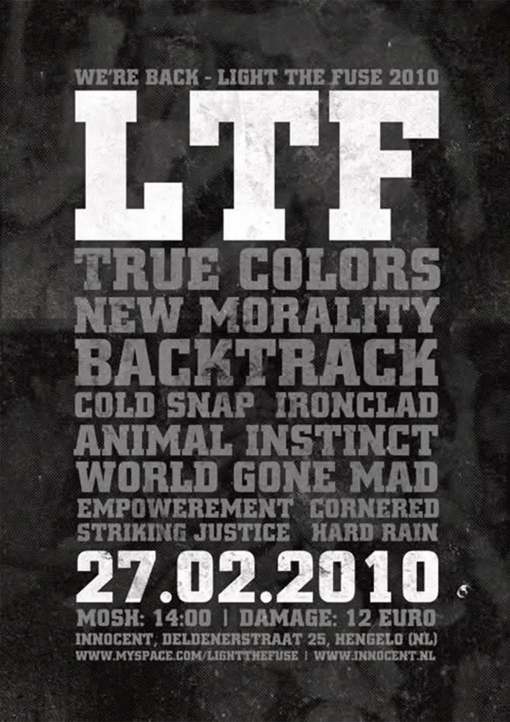 Festivalflyer voor Light The Fuse 2010 in Innocent, Hengelo, op 27 februari 2010