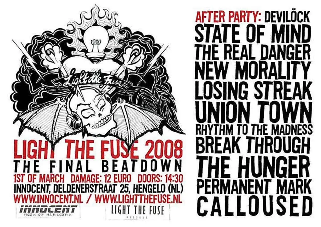 Concert flyer for Light The Fuse 2008 at Innocent in Hengelo on 1 March 2008