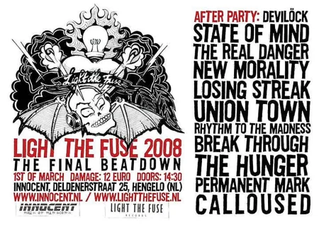 Concert flyer for Light The Fuse 2008 at Innocent in Hengelo on 1 March 2008